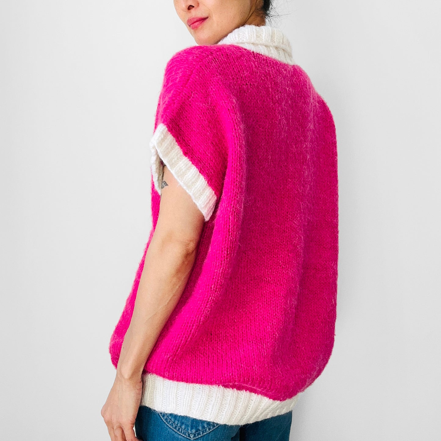 1980s Hot Pink and White Oversized V-Neck Soft Mohair Blended Knit Sweater