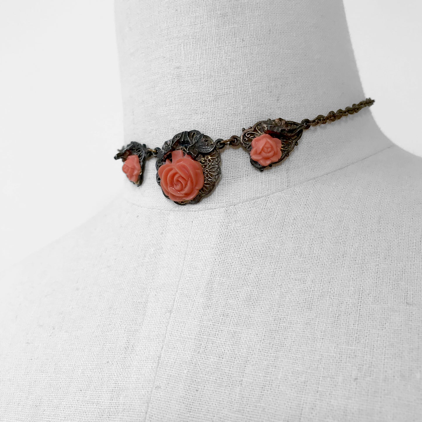 1960s Carved Rose Celluloid Antique-Bronze Choker Necklace