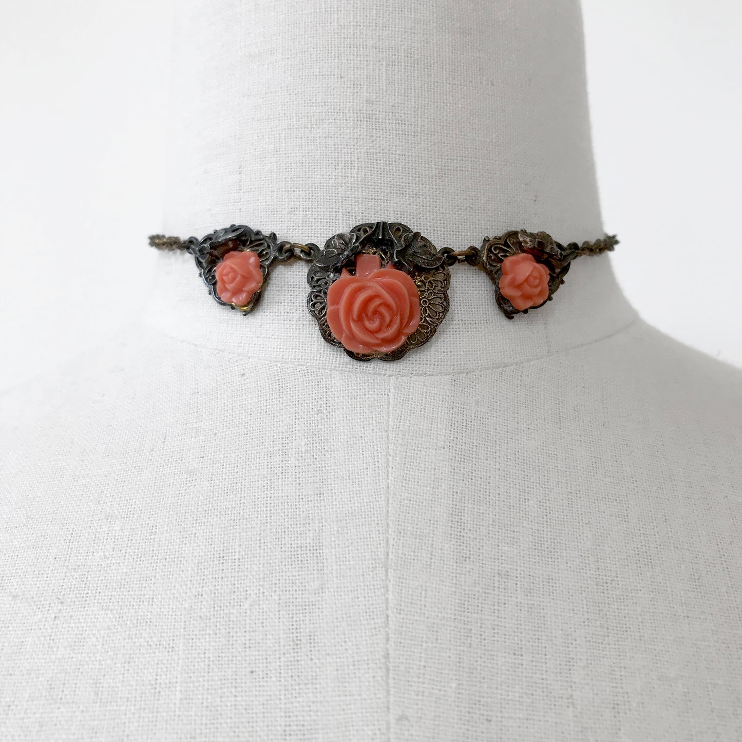 1960s Carved Rose Celluloid Antique-Bronze Choker Necklace