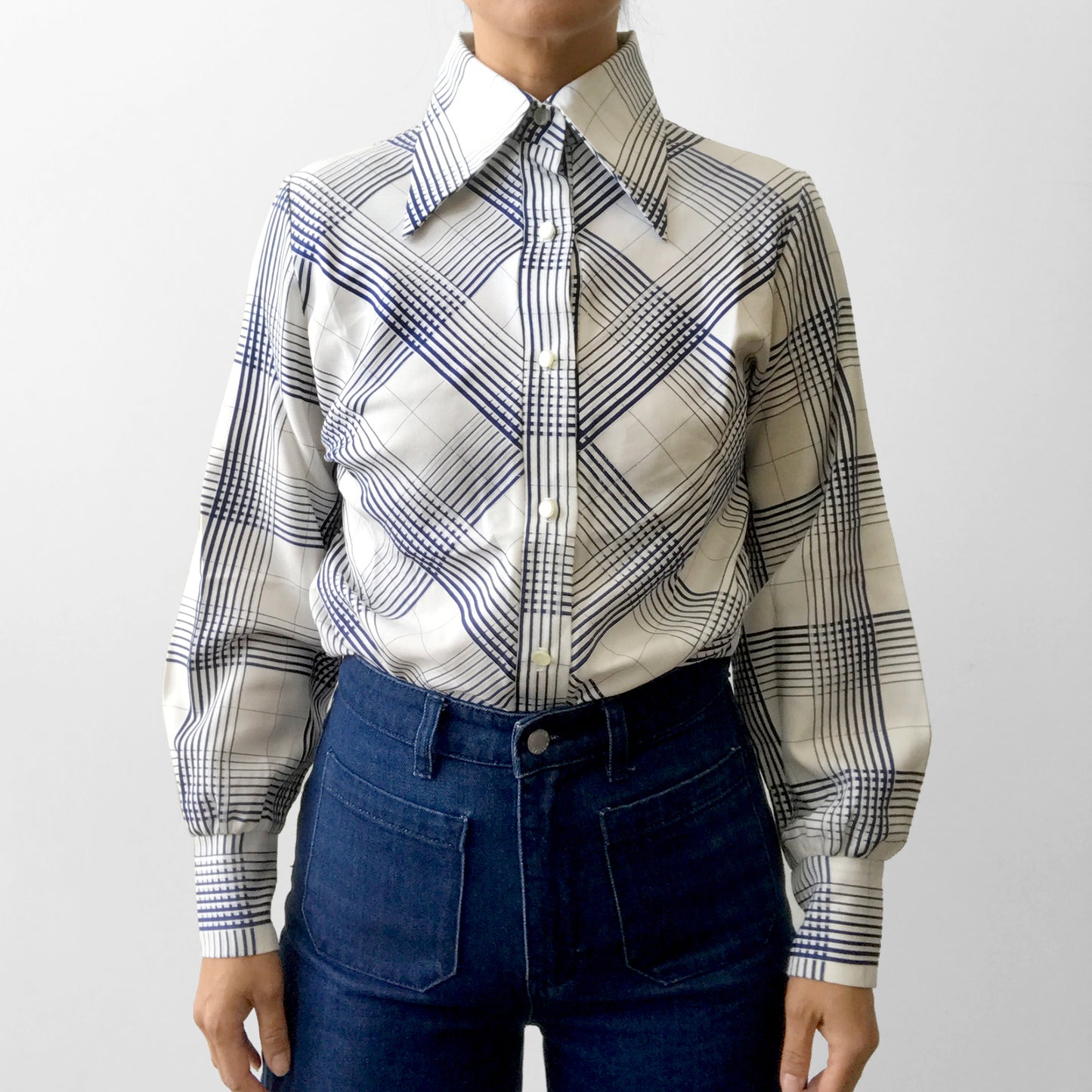 1970s Wide Lapel Button Front Blue and White Crosshatch Striped Shirt