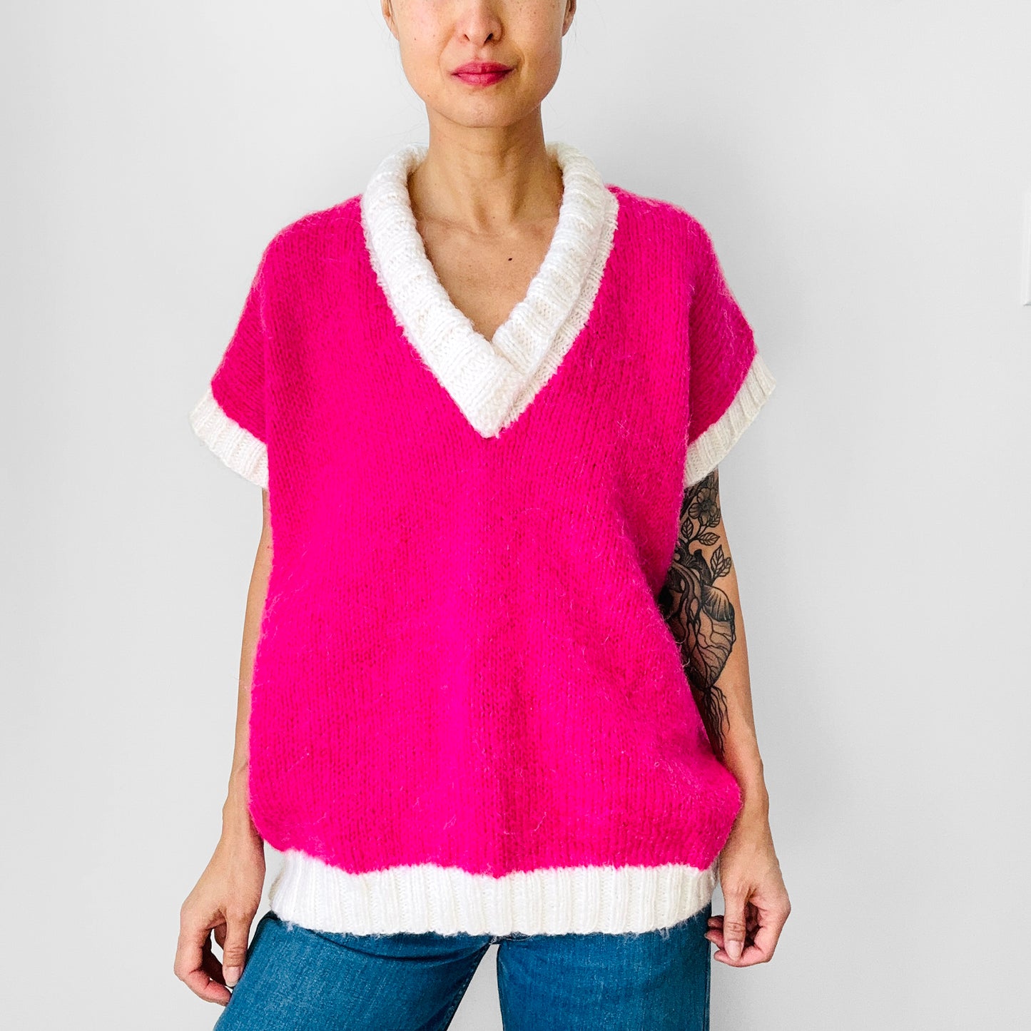 1980s Hot Pink and White Oversized V-Neck Soft Mohair Blended Knit Sweater