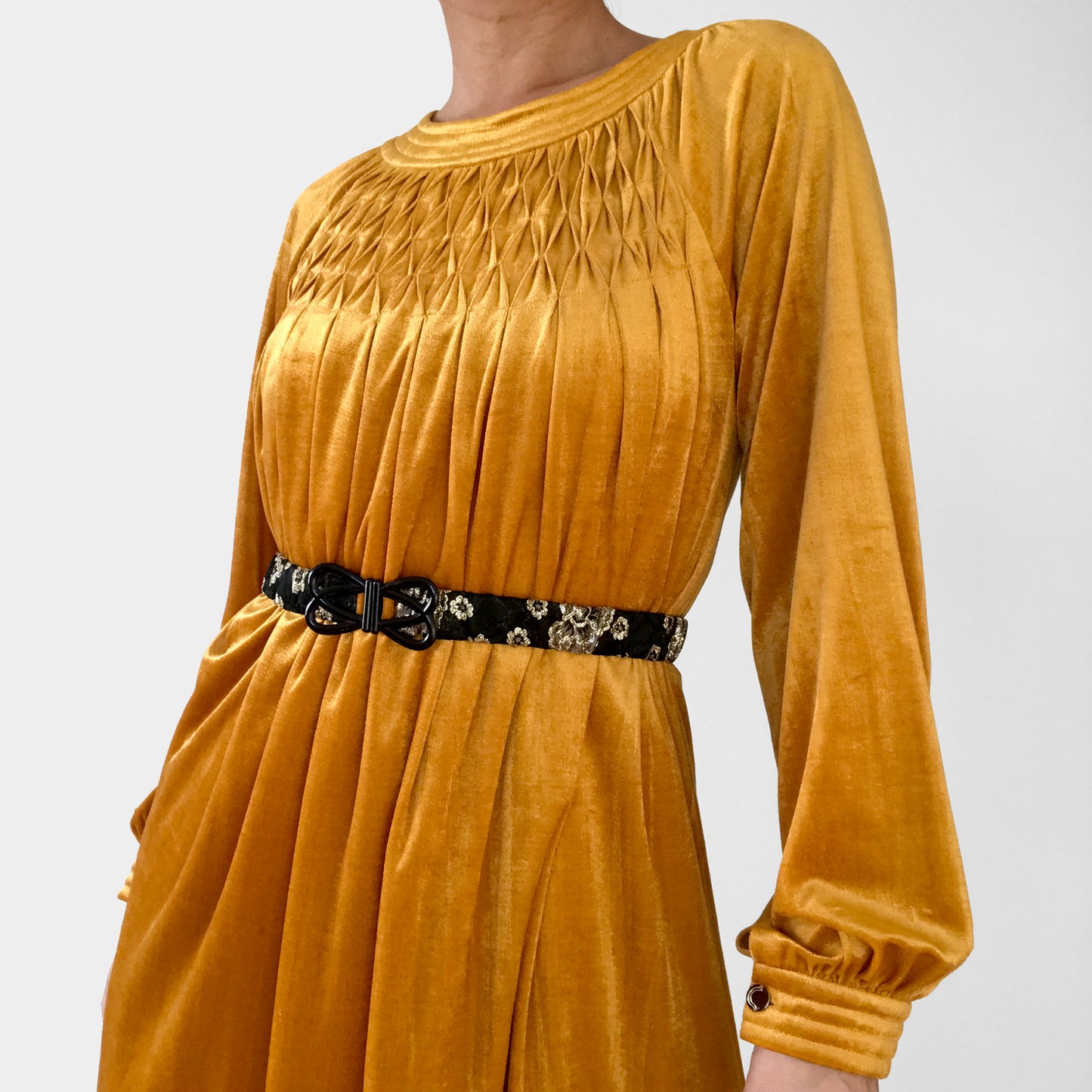 1960s - 1970s Mustard-Yellow Velour Pleated-Chest A-Line Knee-Length Dress