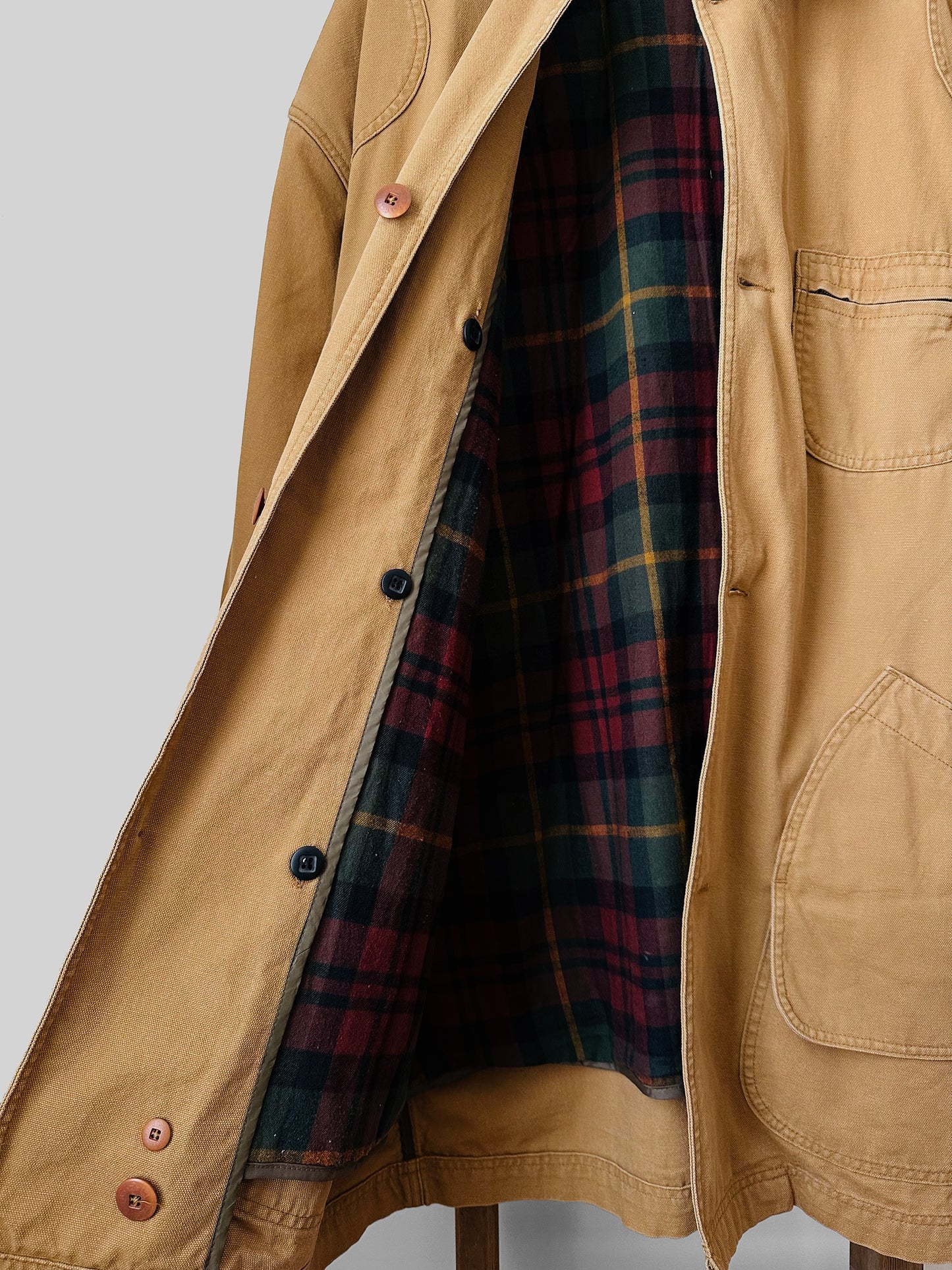 1980s Heavy Khaki Canvas Plaid Flannel Lined Corduroy Collar Jacket - XXXL