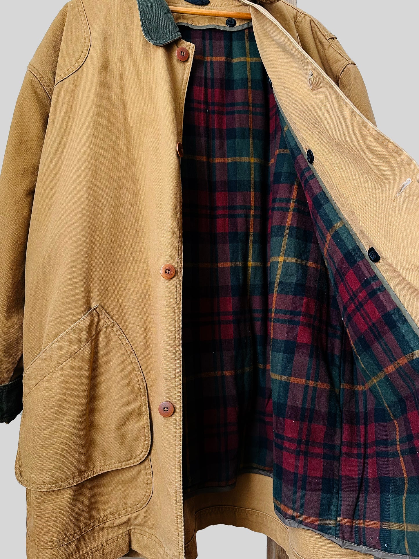 1980s Heavy Khaki Canvas Plaid Flannel Lined Corduroy Collar Jacket - XXXL