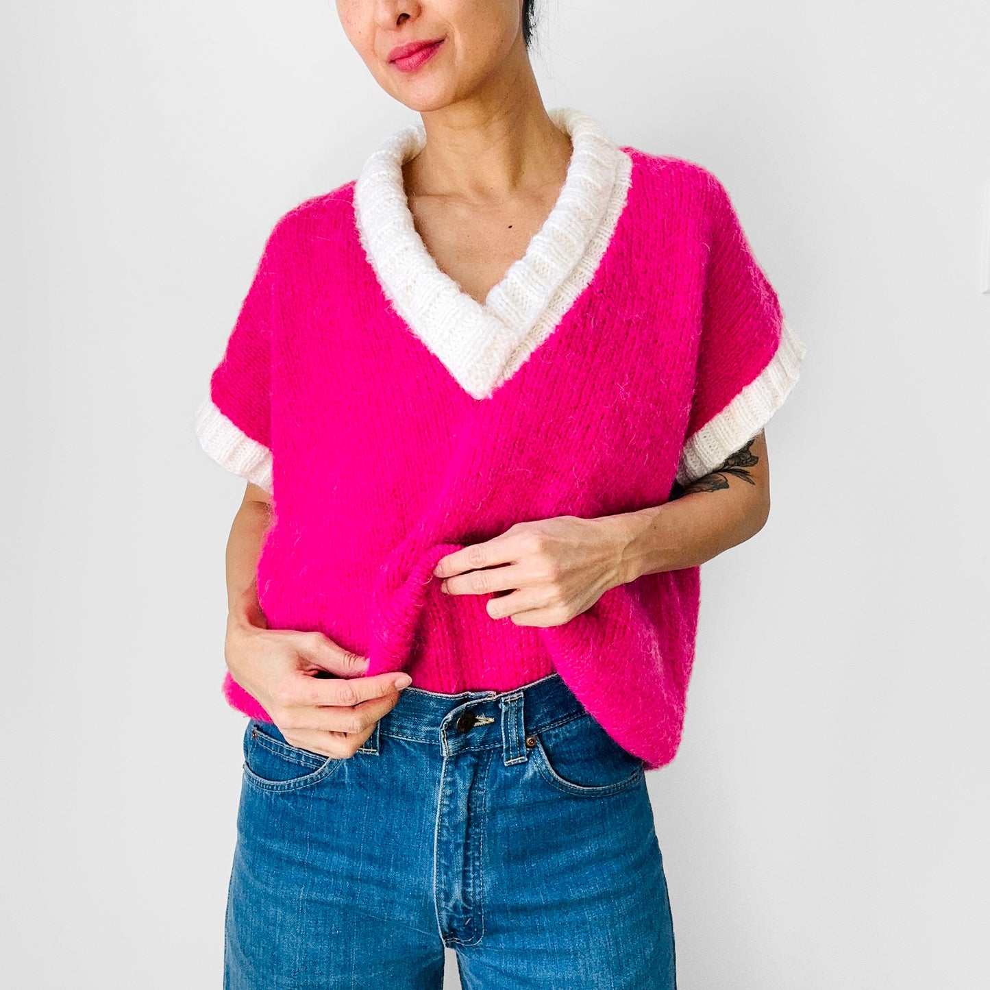 1980s Hot Pink and White Oversized V-Neck Soft Mohair Blended Knit Sweater