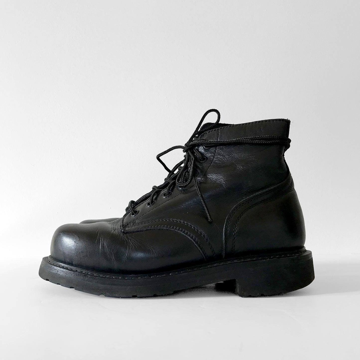 1970s Black Leather Made in Canada Authentic Reinforced Toe Lace-Up Combat Boots