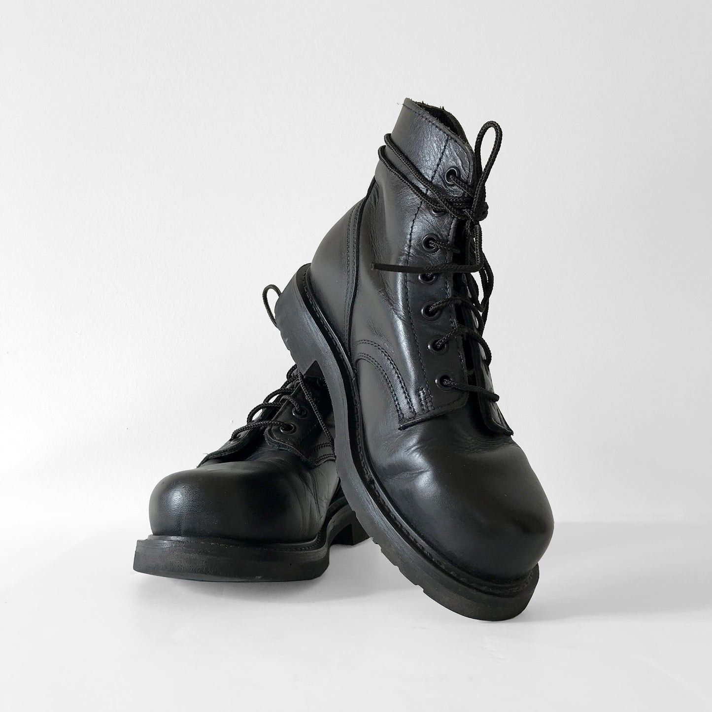 1970s Black Leather Made in Canada Authentic Reinforced Toe Lace-Up Combat Boots