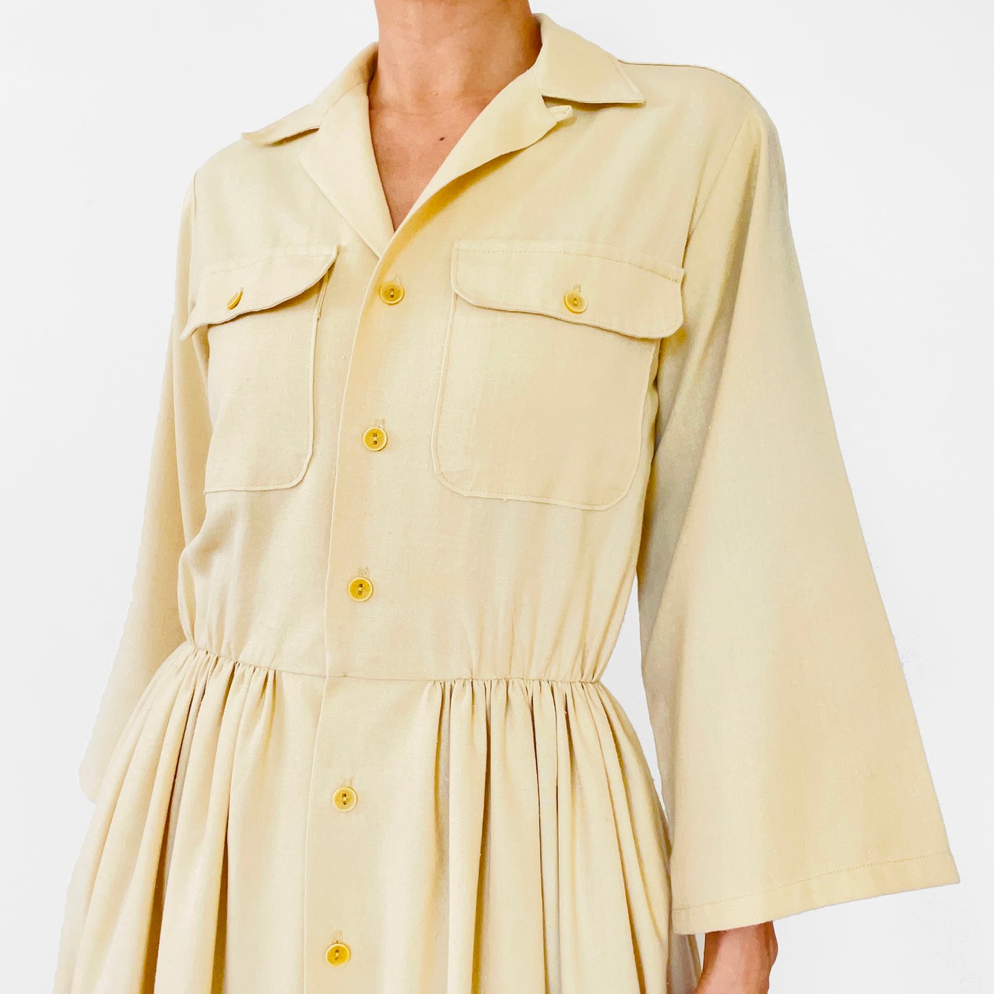 1960s Butter Yellow Pleated Handmade Button-Front Collared Bell-Sleeve Knee-Length Dress