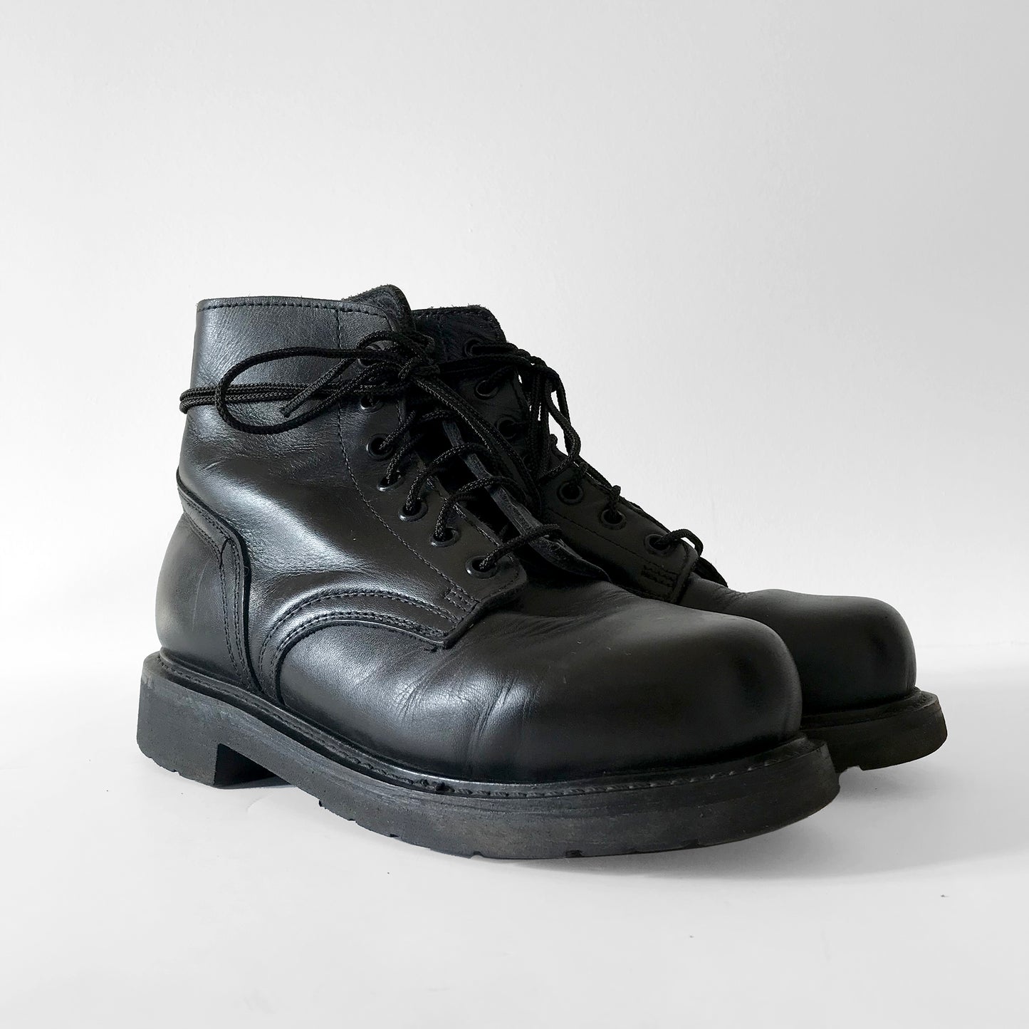 1970s Black Leather Made in Canada Authentic Reinforced Toe Lace-Up Combat Boots