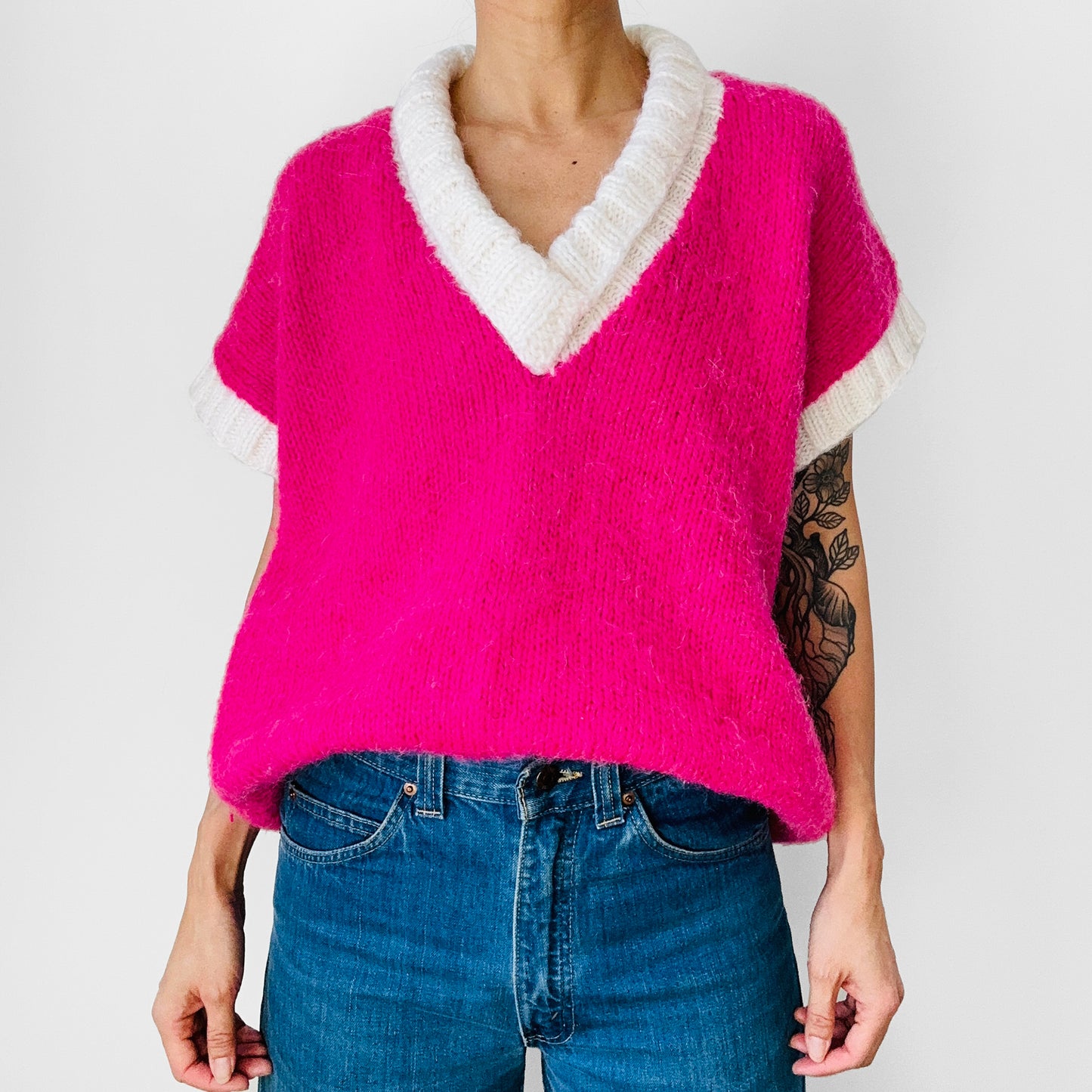 1980s Hot Pink and White Oversized V-Neck Soft Mohair Blended Knit Sweater