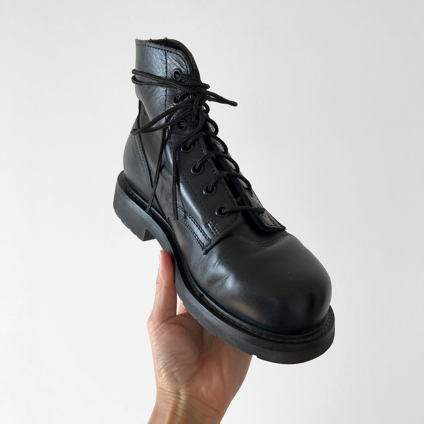 1970s Black Leather Made in Canada Authentic Reinforced Toe Lace-Up Combat Boots