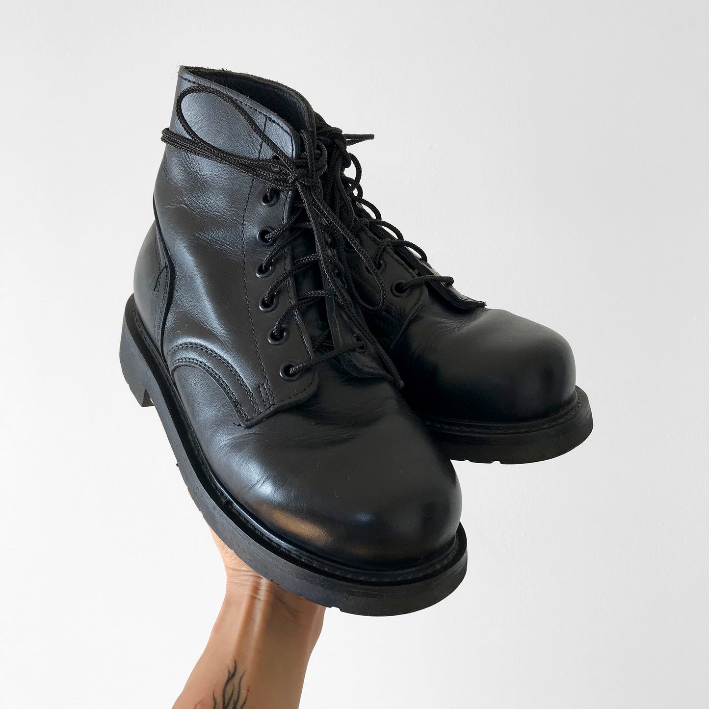 1970s Black Leather Made in Canada Authentic Reinforced Toe Lace-Up Combat Boots