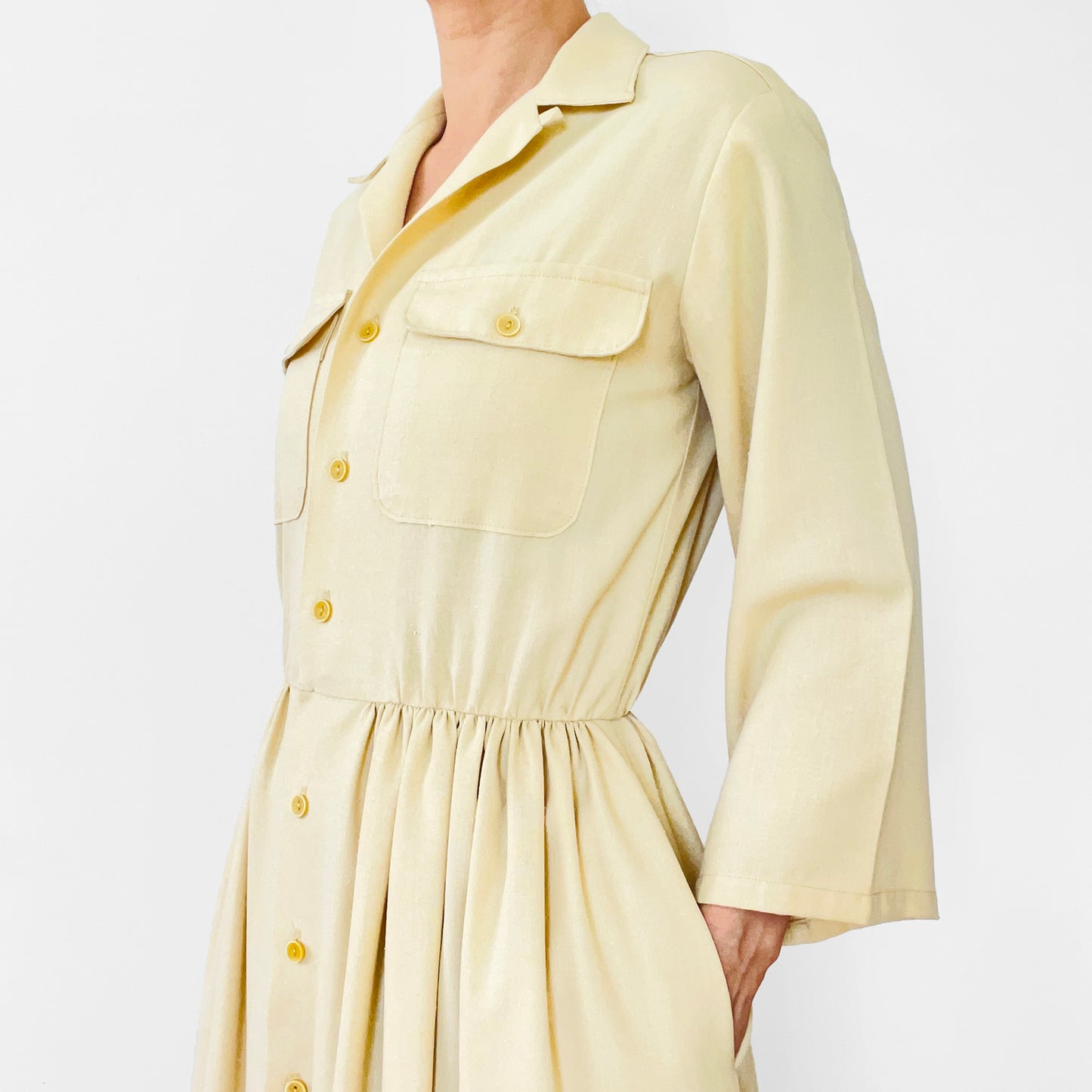 1960s Butter Yellow Pleated Handmade Button-Front Collared Bell-Sleeve Knee-Length Dress