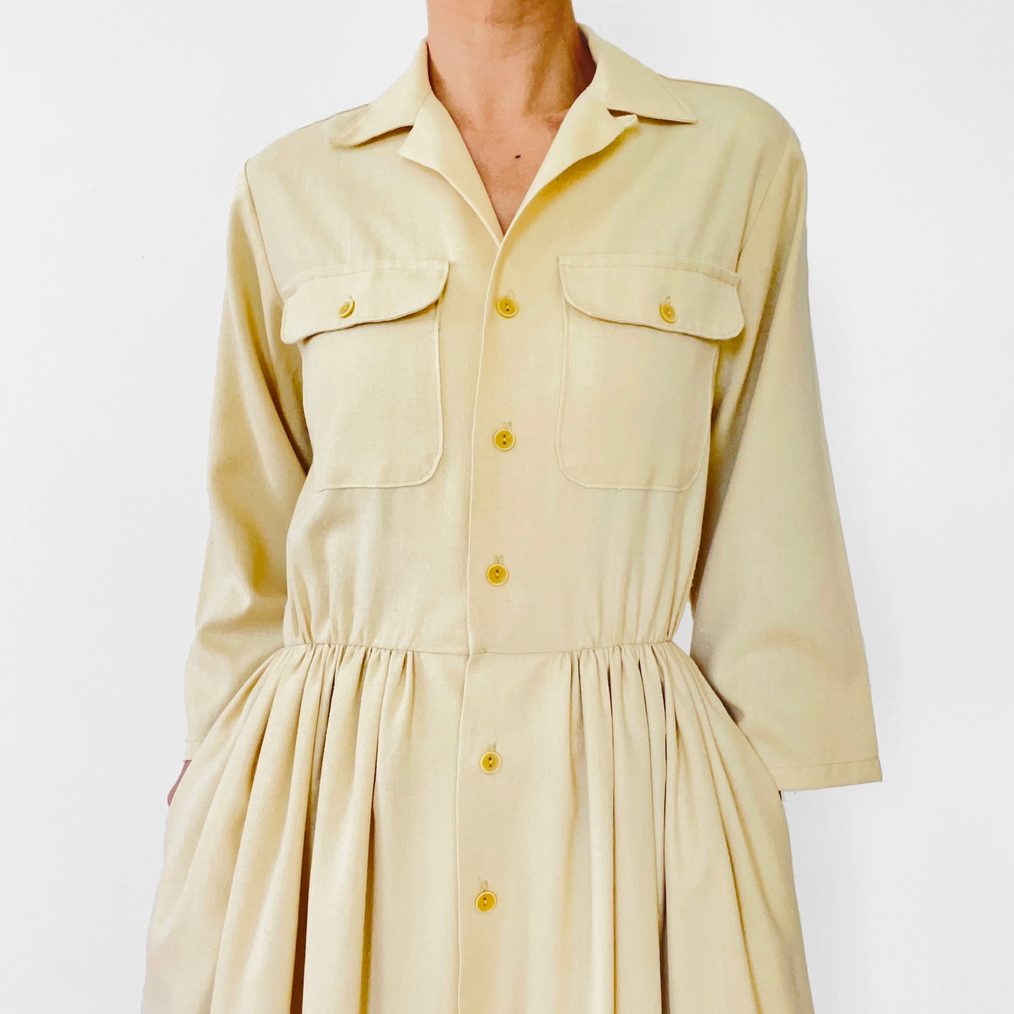 1960s Butter Yellow Pleated Handmade Button-Front Collared Bell-Sleeve Knee-Length Dress