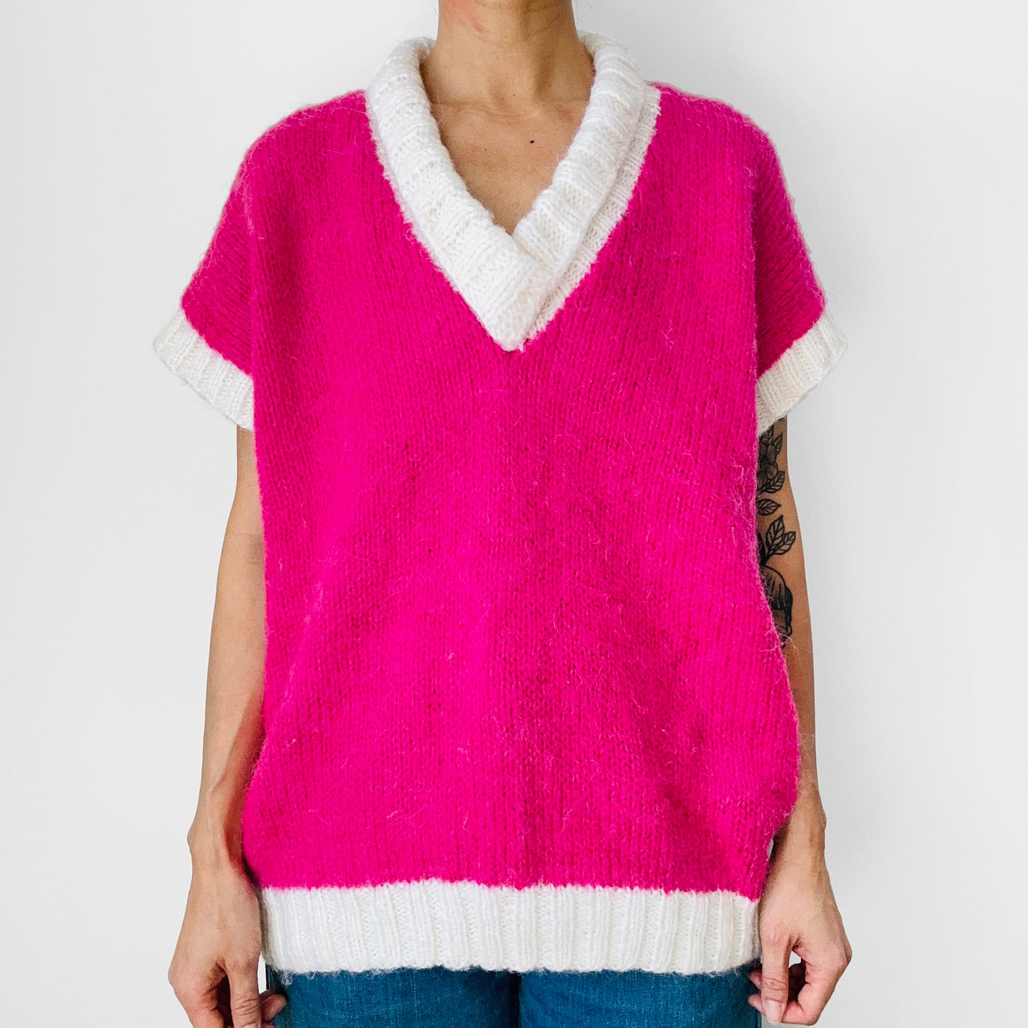 1980s Hot Pink and White Oversized V-Neck Soft Mohair Blended Knit Sweater