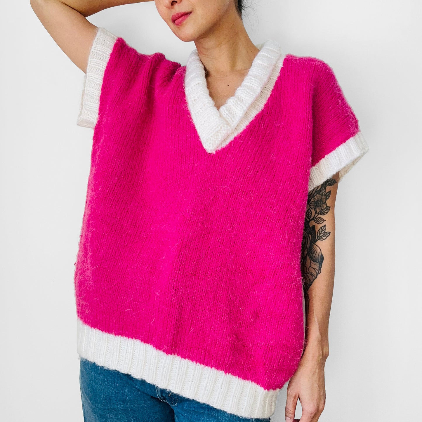 1980s Hot Pink and White Oversized V-Neck Soft Mohair Blended Knit Sweater