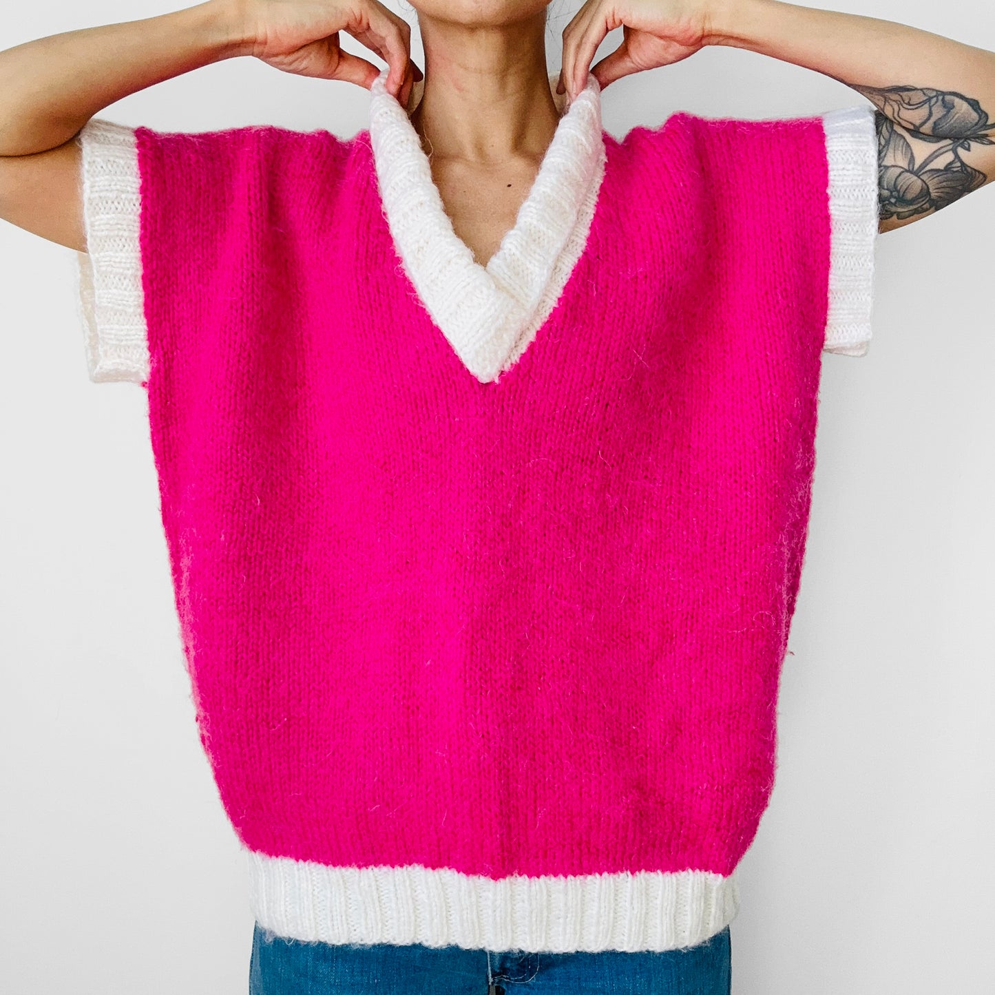 1980s Hot Pink and White Oversized V-Neck Soft Mohair Blended Knit Sweater