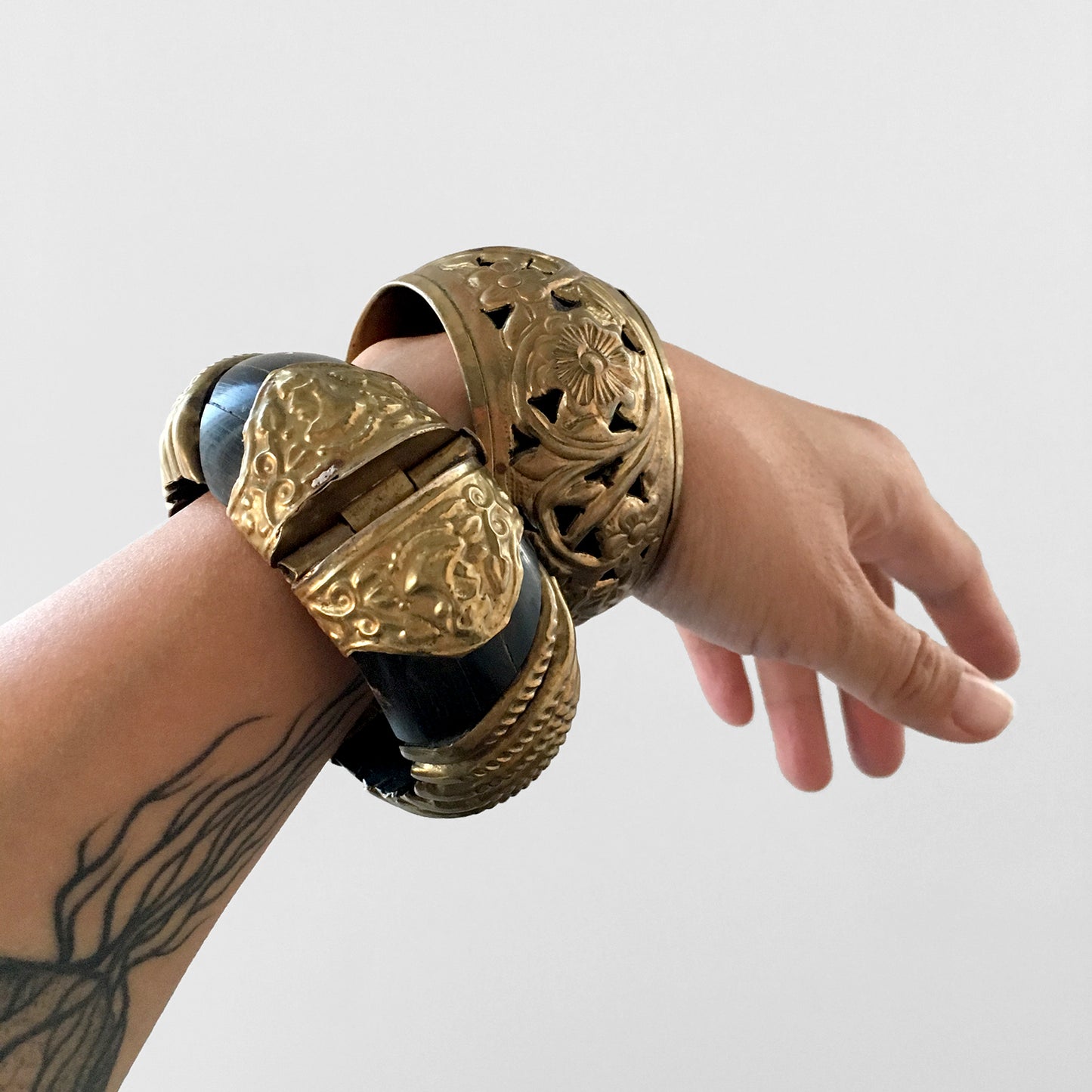 Hand Pounded Brass and Black Oxidized Wood Clasped Bangle Bracelet