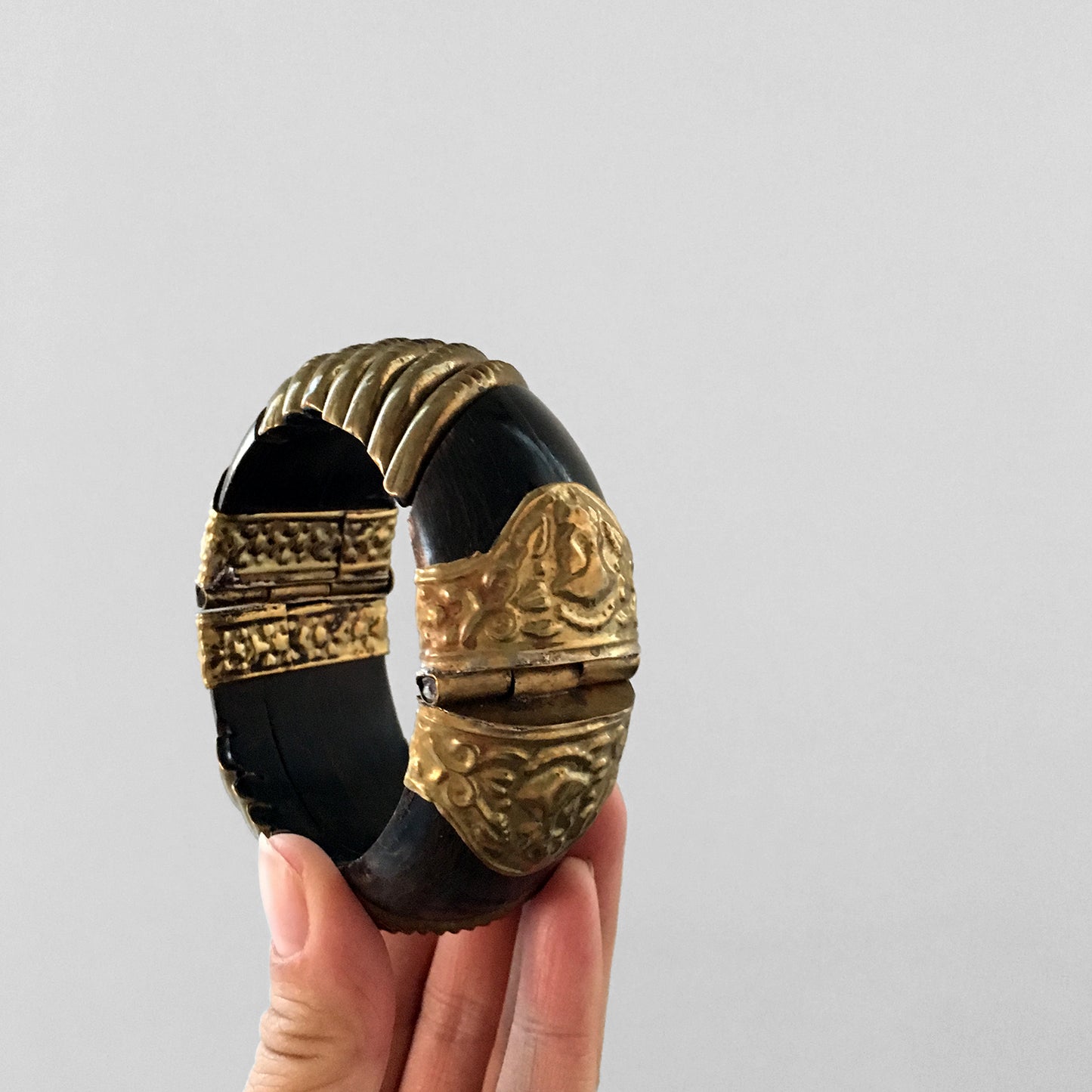 Hand Pounded Brass and Black Oxidized Wood Clasped Bangle Bracelet