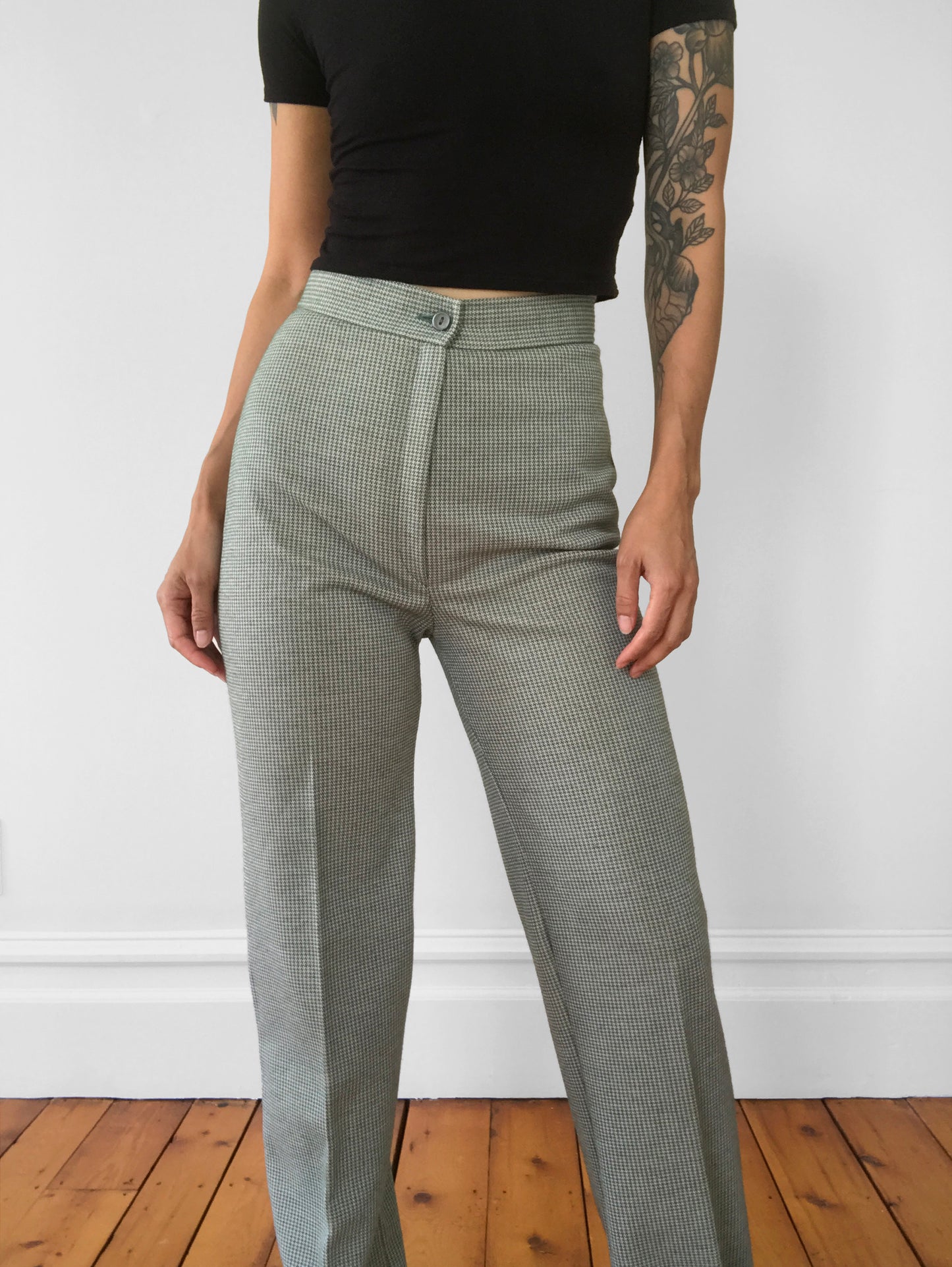 1970s Sage High-Waisted Wool-Blend Houndstooth Pants