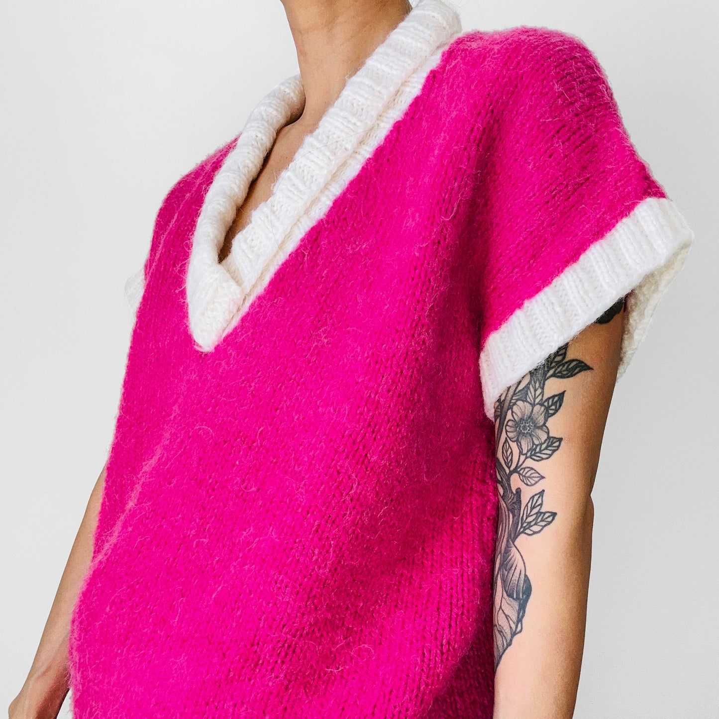 1980s Hot Pink and White Oversized V-Neck Soft Mohair Blended Knit Sweater