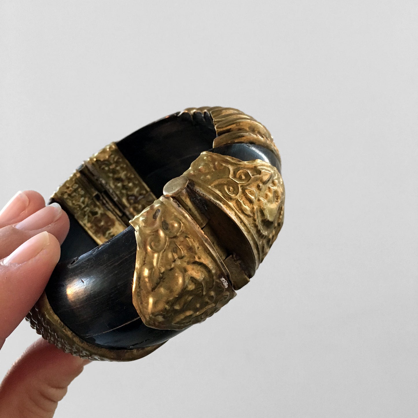 Hand Pounded Brass and Black Oxidized Wood Clasped Bangle Bracelet