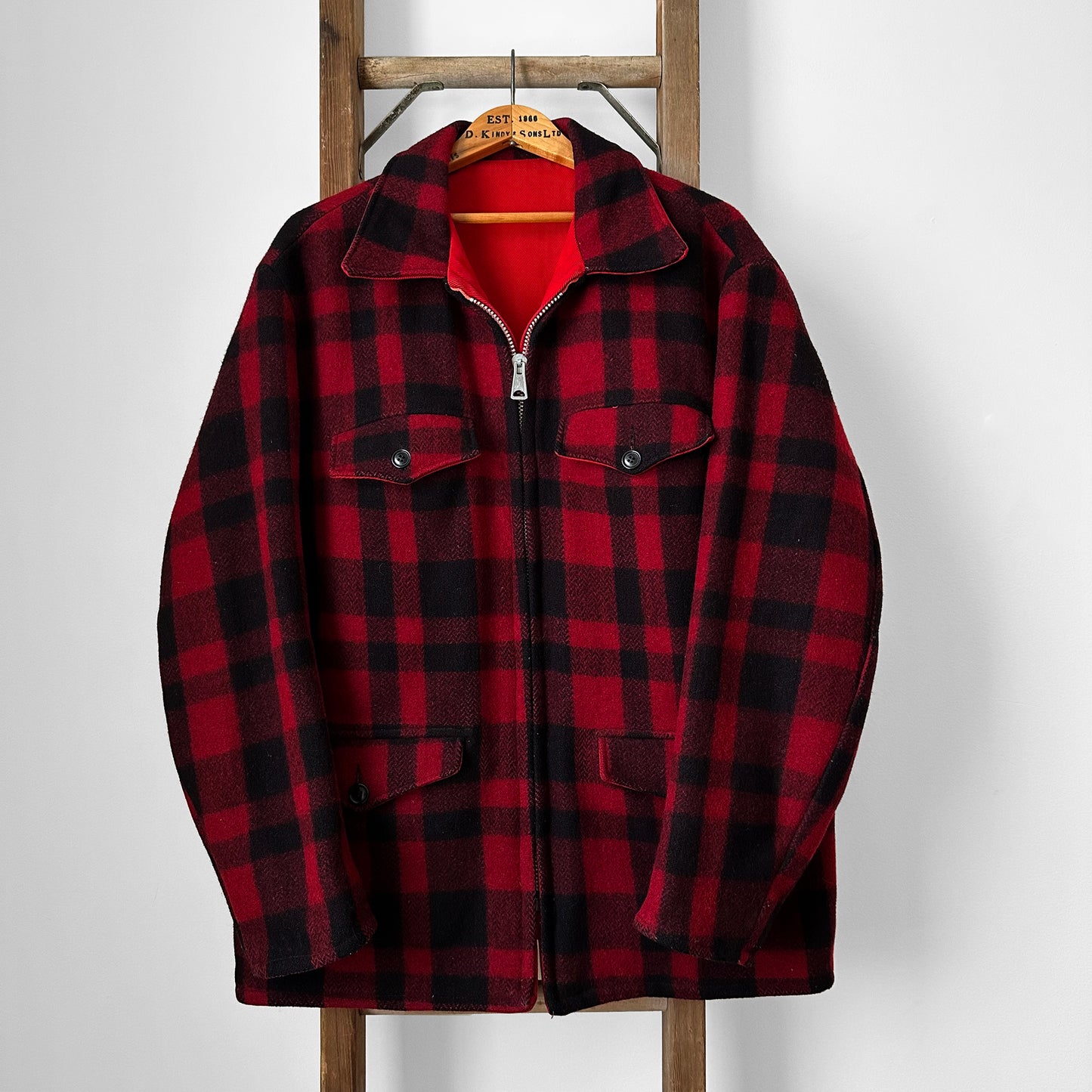 Black and Red Plaid Reversible Well-Worn Zip Front Lumberjack Wool Jacket - XL