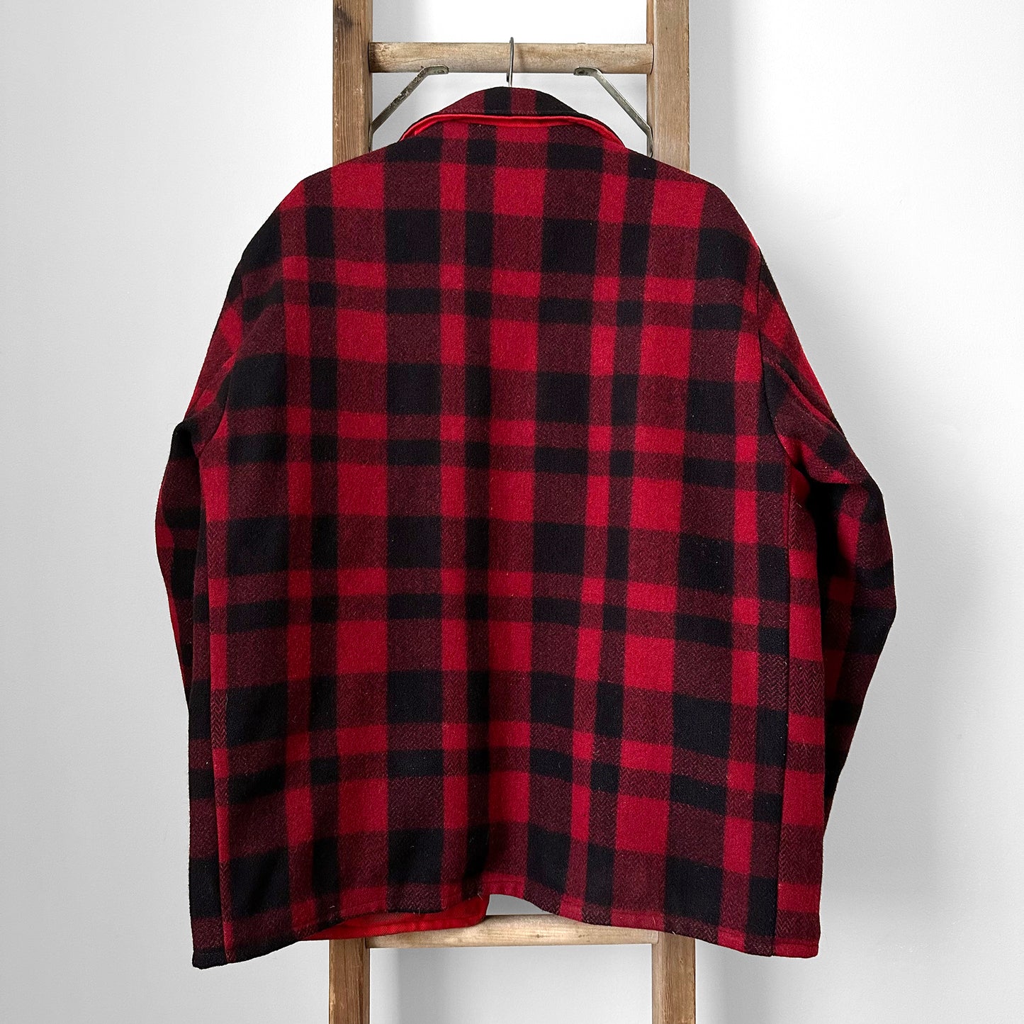 Black and Red Plaid Reversible Well-Worn Zip Front Lumberjack Wool Jacket - XL