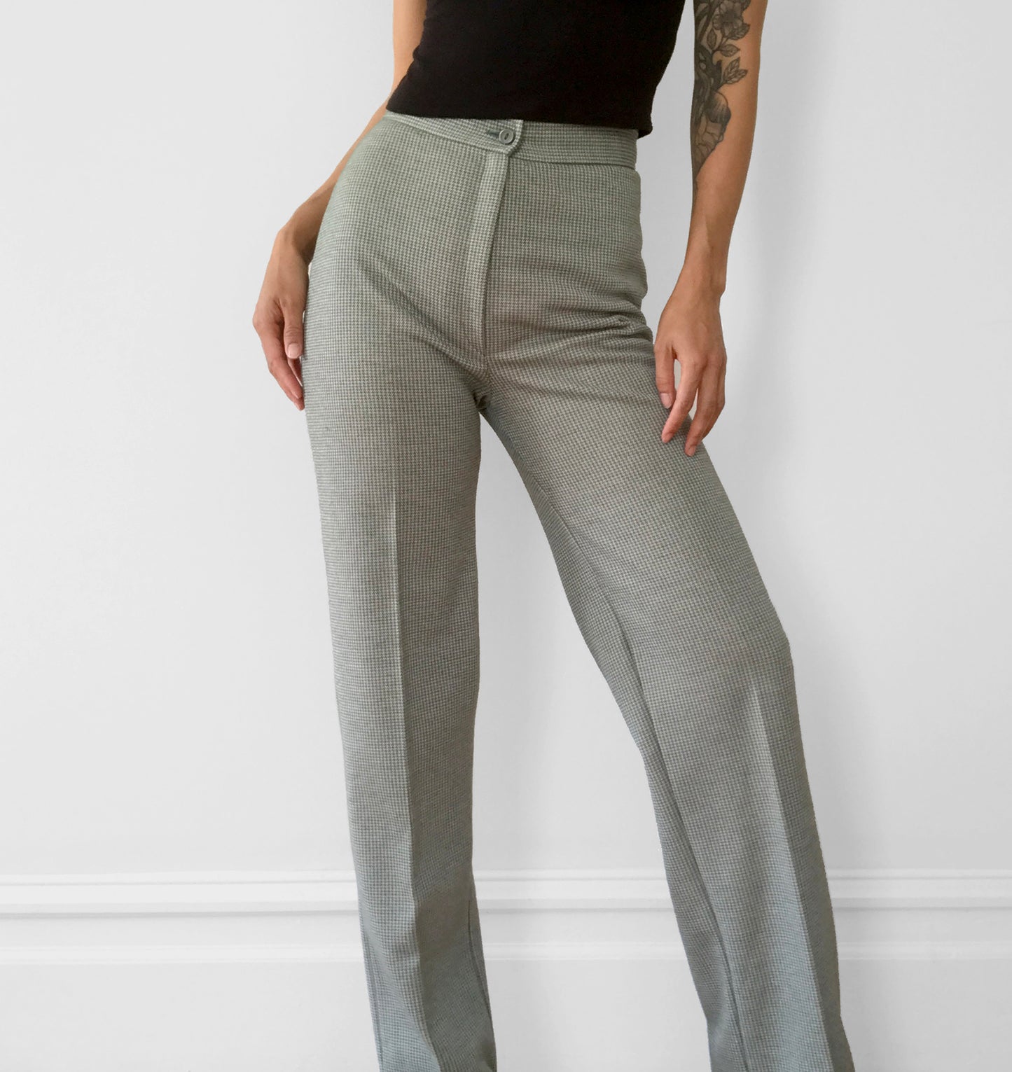 1970s Sage High-Waisted Wool-Blend Houndstooth Pants