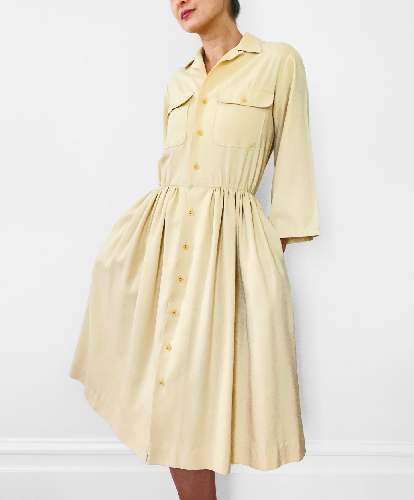 1960s Butter Yellow Pleated Handmade Button-Front Collared Bell-Sleeve Knee-Length Dress