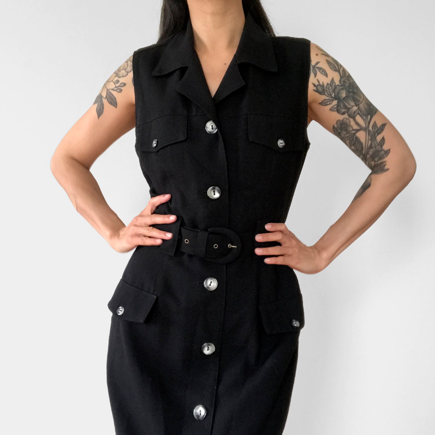 1990s Made in Canada Button-Front Belted Long Collared Sleeveless Safari-Style Dress