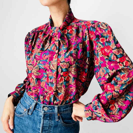 1980s Floral Patterned Pleated Puff Sleeve Button-Front Blouse - M/L