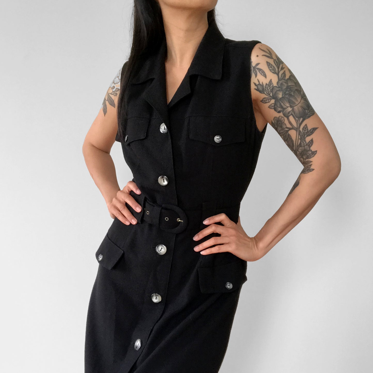 1990s Made in Canada Button-Front Belted Long Collared Sleeveless Safari-Style Dress