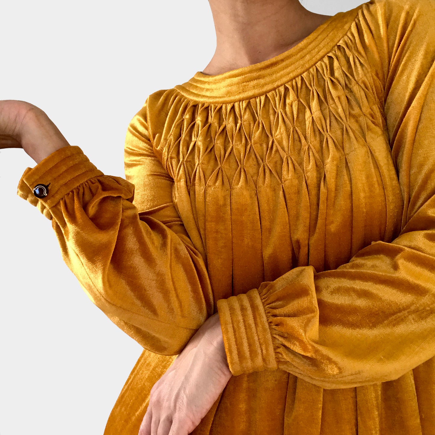 1960s - 1970s Mustard-Yellow Velour Pleated-Chest A-Line Knee-Length Dress