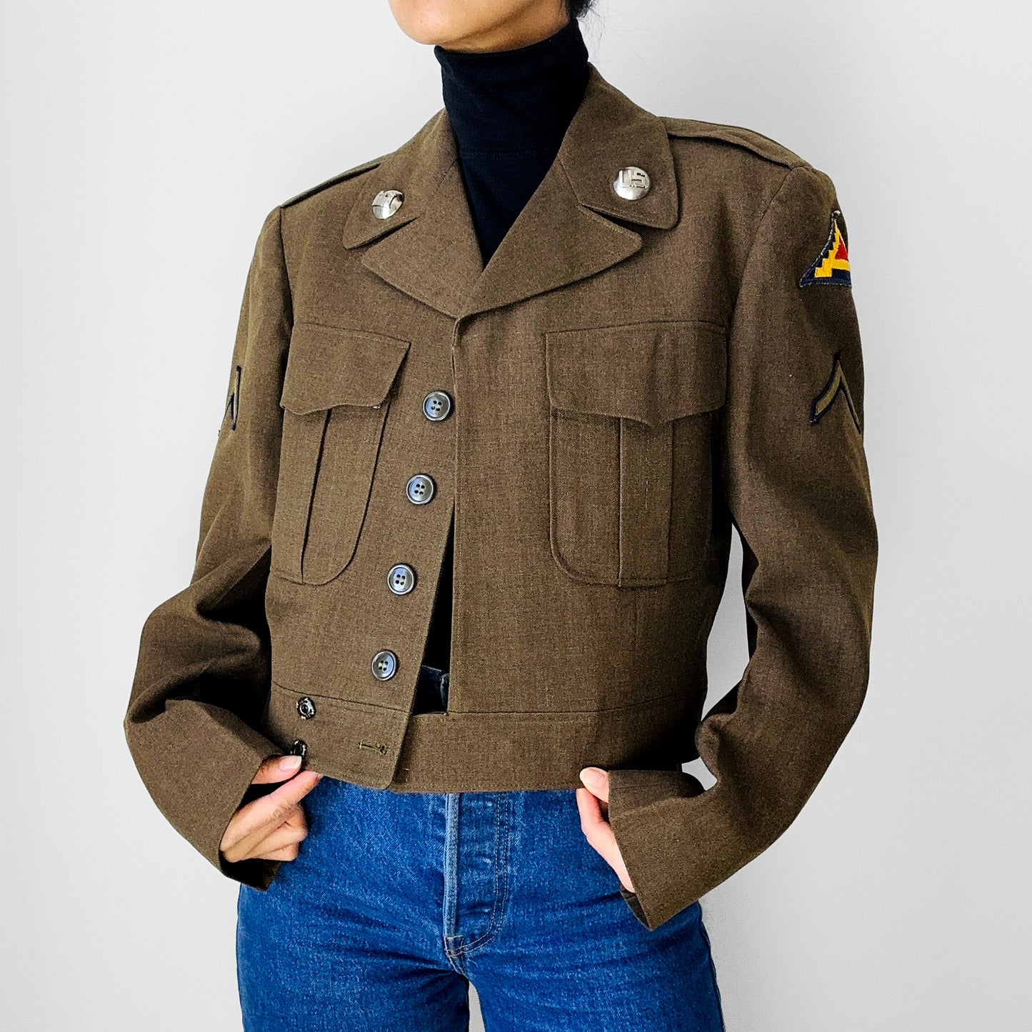 1950s Decorated Dark Olive Crop US Military Wool Army Jacket - S/M