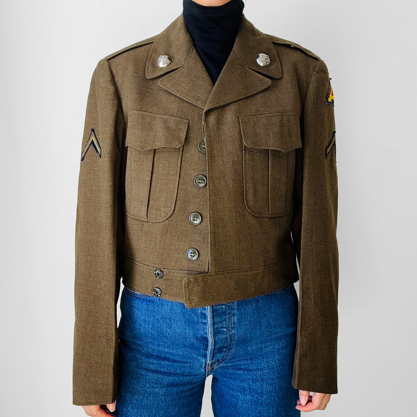 1950s Decorated Dark Olive Crop US Military Wool Army Jacket - S/M