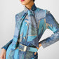 RESERVED!!! 1970s Blue Architectural Patterned Wool Button-Front Belted Knee-Length Tie-Neck Shift Dress - Sz. S