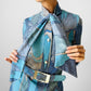 RESERVED!!! 1970s Blue Architectural Patterned Wool Button-Front Belted Knee-Length Tie-Neck Shift Dress - Sz. S