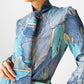 RESERVED!!! 1970s Blue Architectural Patterned Wool Button-Front Belted Knee-Length Tie-Neck Shift Dress - Sz. S