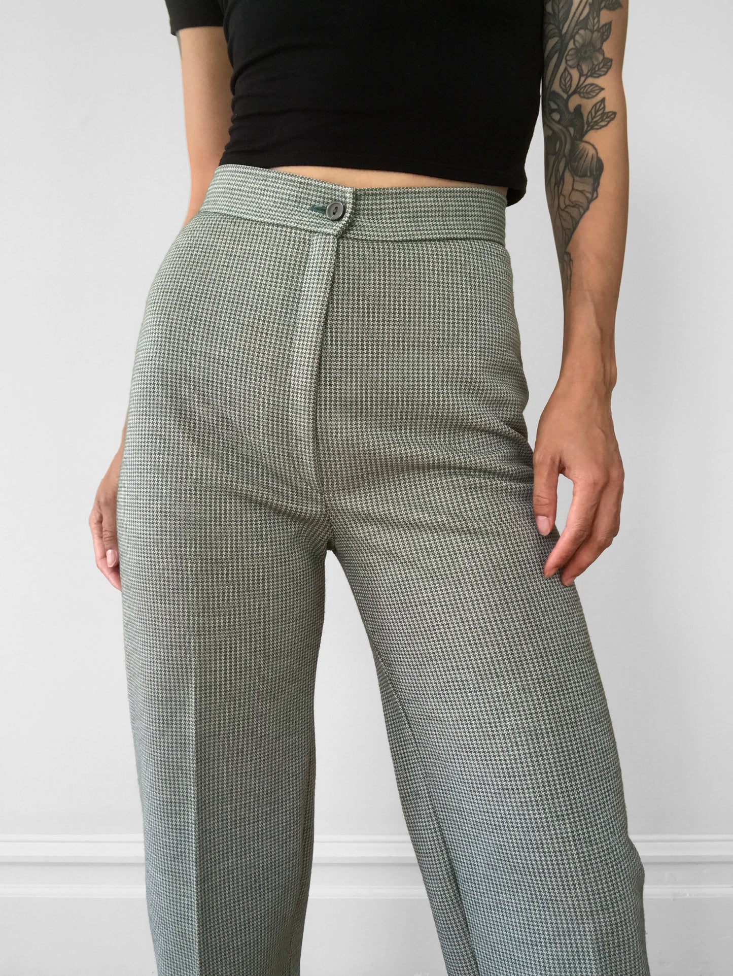 1970s Sage High-Waisted Wool-Blend Houndstooth Pants