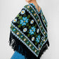 1970s Blue Yellow Black Green Floral Needlepoint Embroidered Fringe Knit Shawl