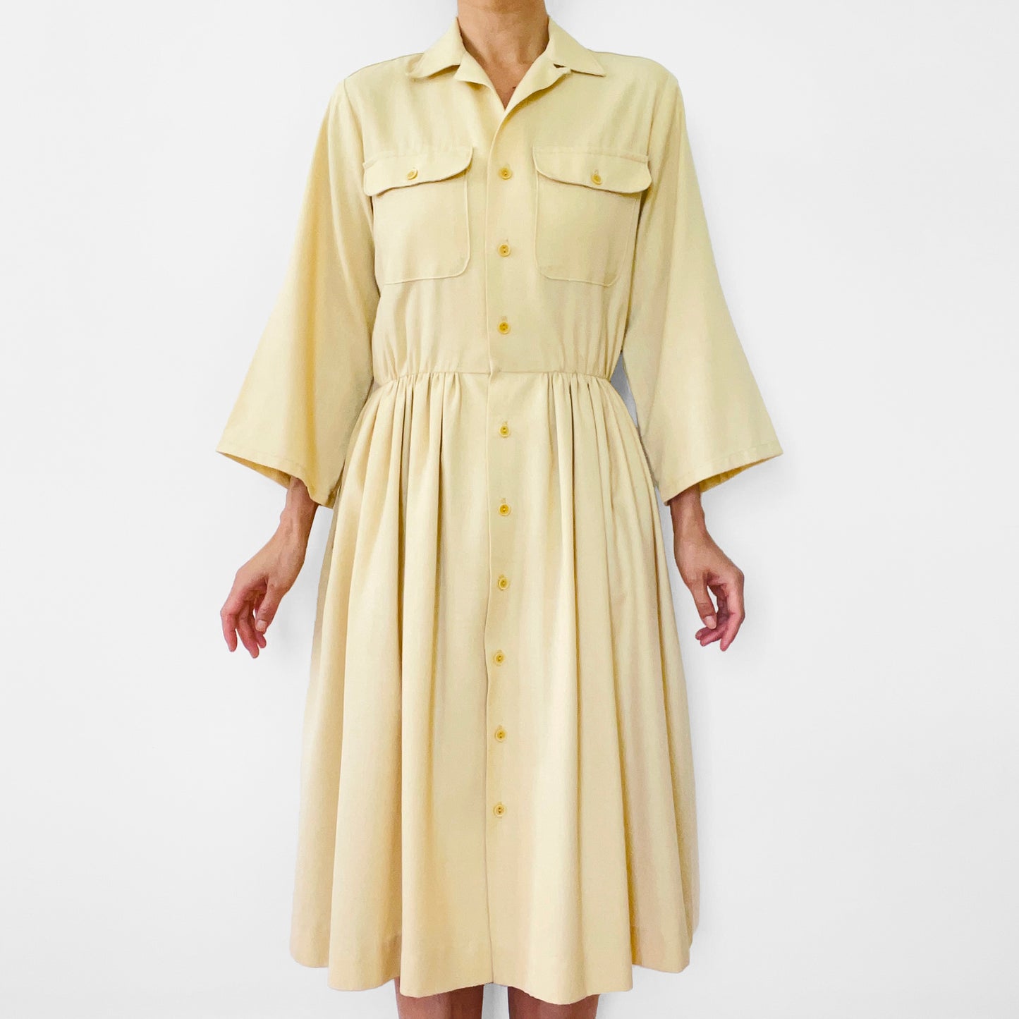 1960s Butter Yellow Pleated Handmade Button-Front Collared Bell-Sleeve Knee-Length Dress