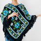 1970s Blue Yellow Black Green Floral Needlepoint Embroidered Fringe Knit Shawl