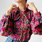 1980s Floral Patterned Pleated Puff Sleeve Button-Front Blouse - M/L