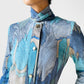 RESERVED!!! 1970s Blue Architectural Patterned Wool Button-Front Belted Knee-Length Tie-Neck Shift Dress - Sz. S