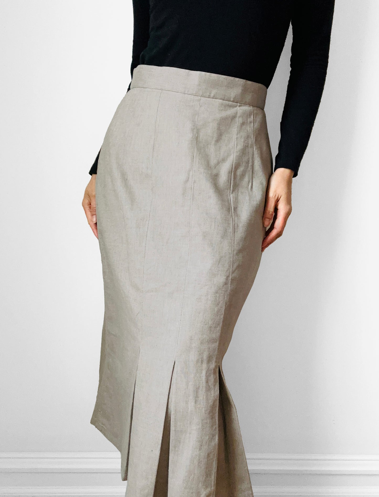 1990s Beige Grey Linen Pleated Hem Midi-Length Skirt - Waist 27