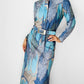 RESERVED!!! 1970s Blue Architectural Patterned Wool Button-Front Belted Knee-Length Tie-Neck Shift Dress - Sz. S