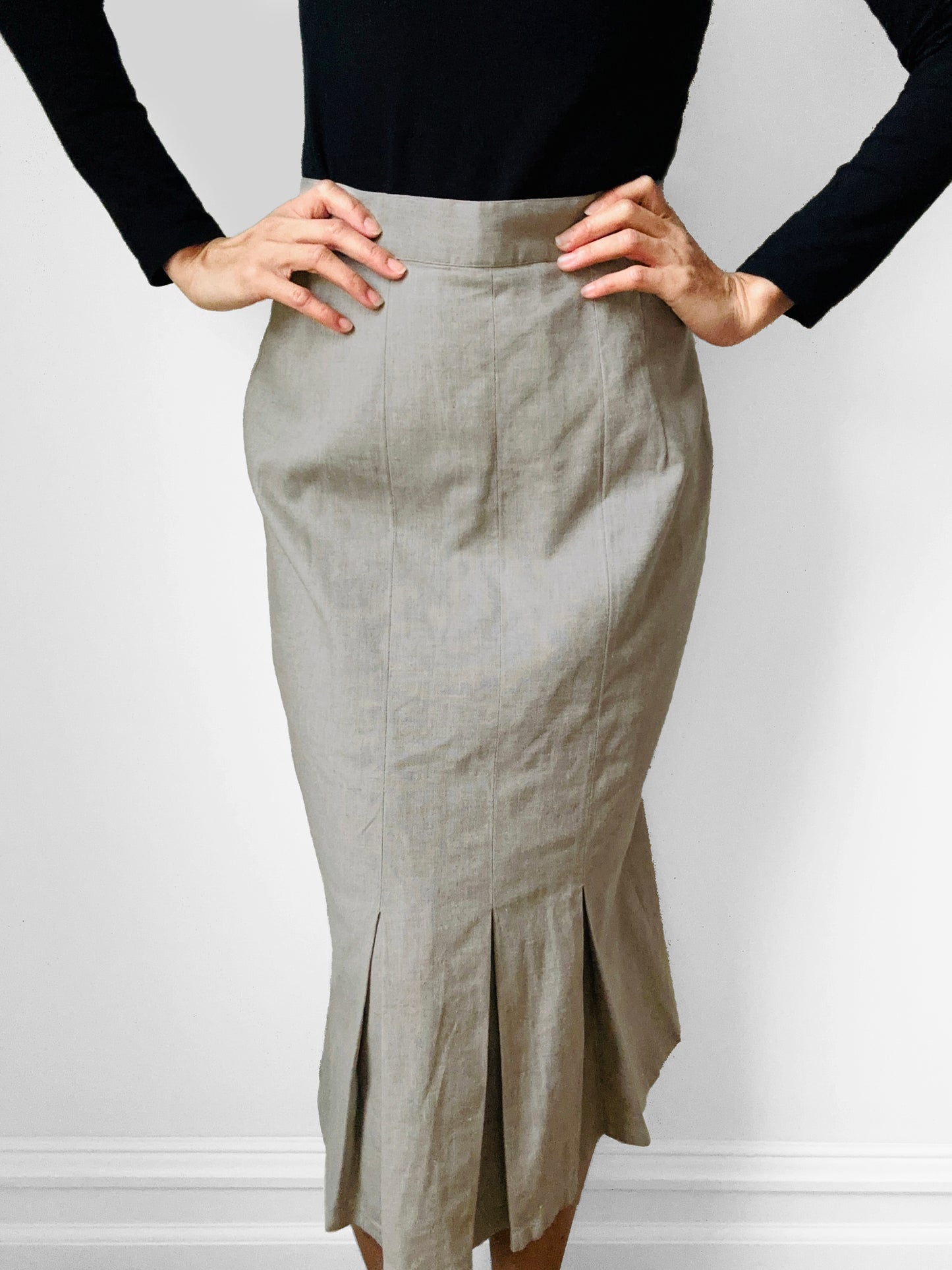 1990s Beige Grey Linen Pleated Hem Midi-Length Skirt - Waist 27