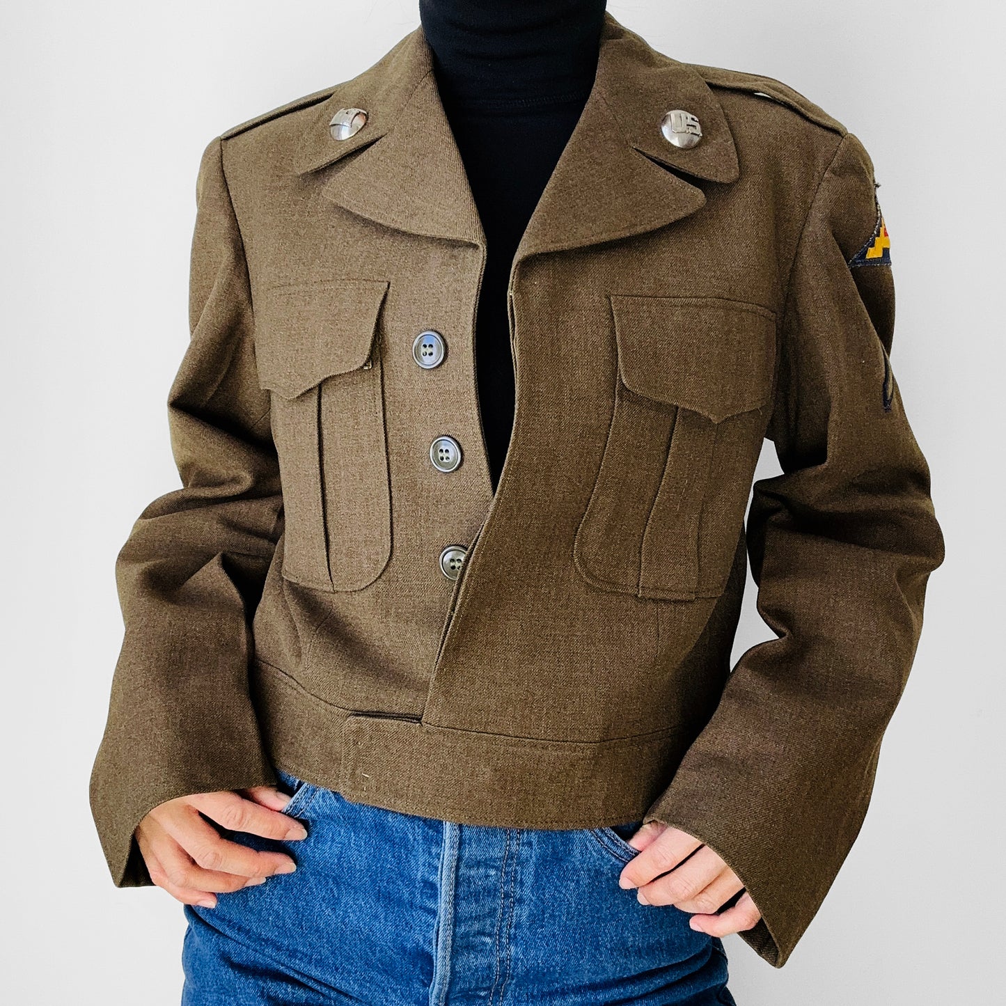 1950s Decorated Dark Olive Crop US Military Wool Army Jacket - S/M