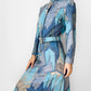RESERVED!!! 1970s Blue Architectural Patterned Wool Button-Front Belted Knee-Length Tie-Neck Shift Dress - Sz. S